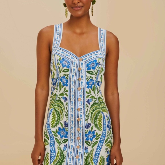 FARM Rio Dresses & Skirts - Floral Sleeveless Dress with Blue and Green Pattern, linen